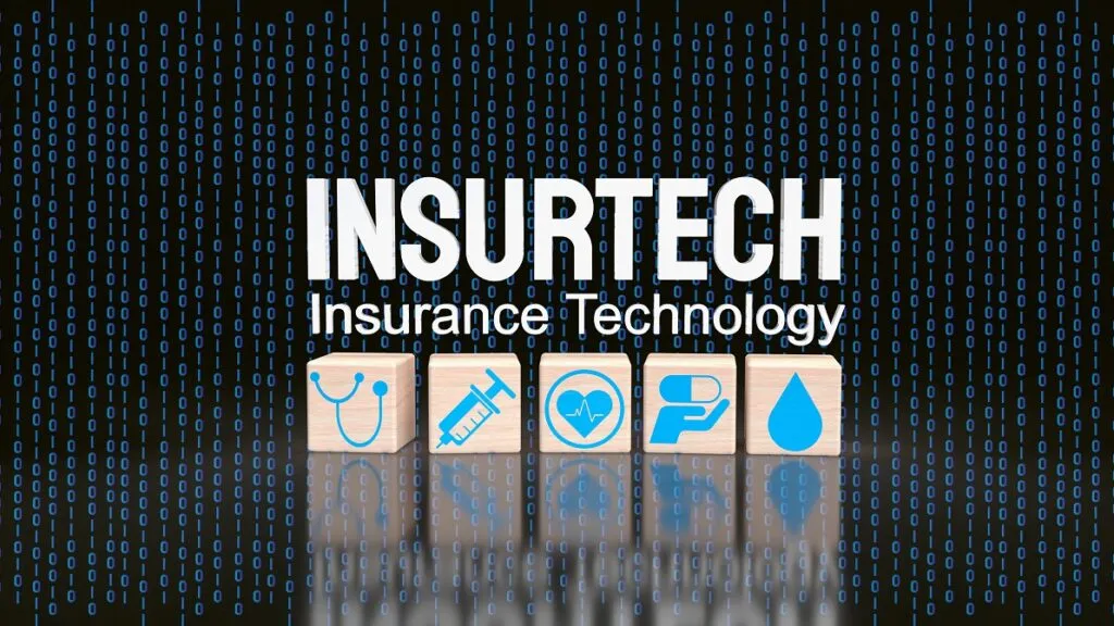Abstract representation of insurtech innovations showcasing digital interfaces, AI, and blockchain technology, symbolizing the future of insurance